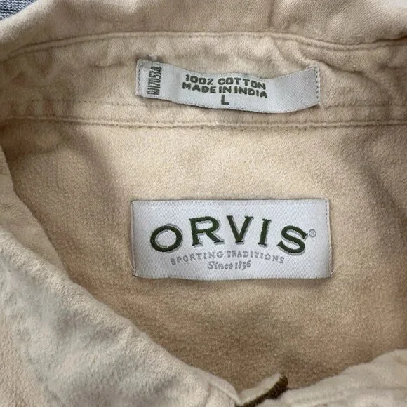 Orvis Shirt Mens Large Beige Long Sleeve Button Down Chamois Elbow Patches - Picture 6 of 7